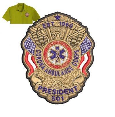 President Ambulance Embroidery logo for Polo Shirt.