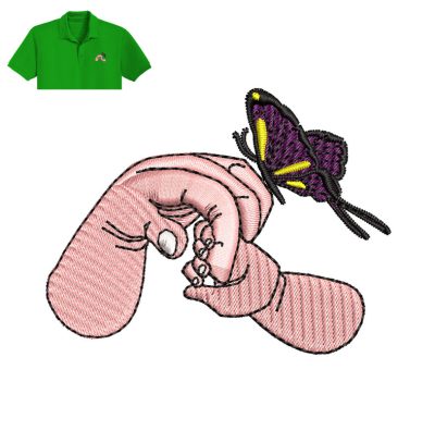 Hand and Butterfly Embroidery logo for Polo Shirt.