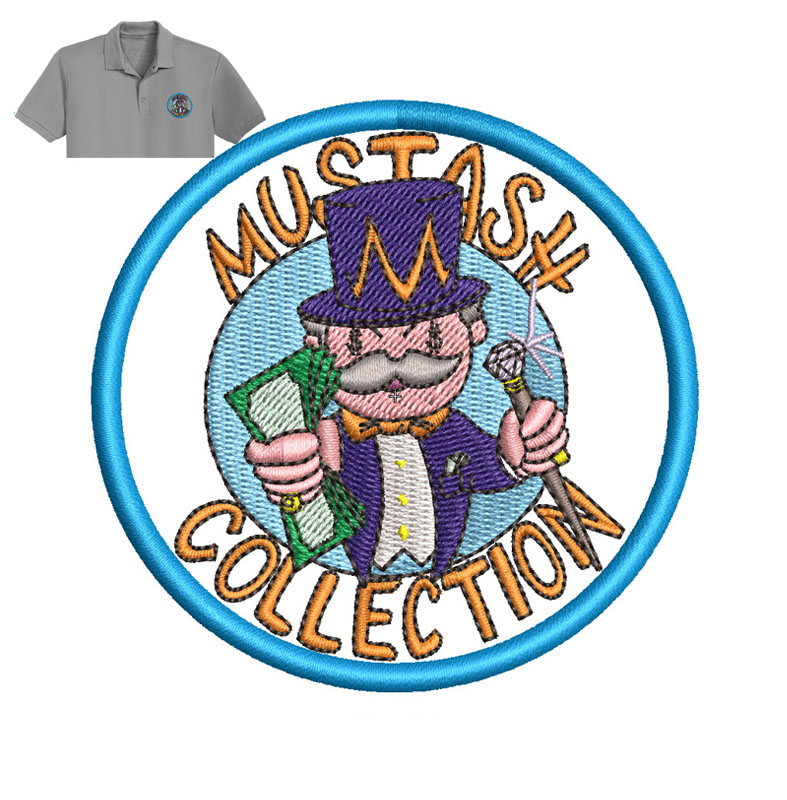 Mr Monopoly Mustash Embroidery logo for polo shirt.