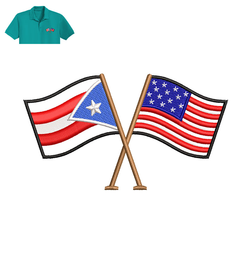 American And Puerto Rican Flag Embroidery logo for Polo Shirt.